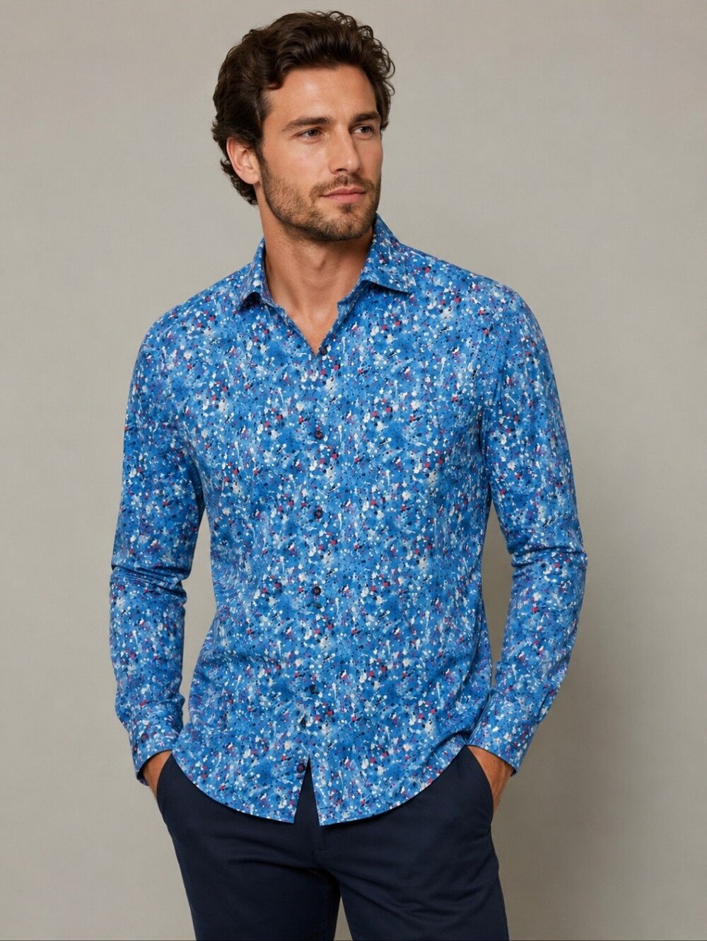 Klauss Boehler Blue Abstract Print Long Sleeve Dress Shirt Men's